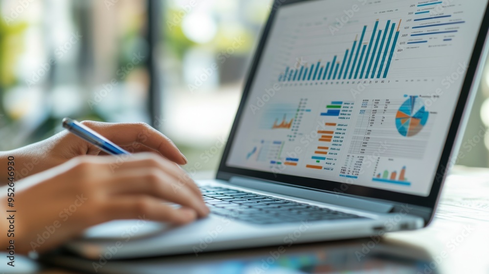 Fototapete Close-up of a person typing financial data into a spreadsheet on a laptop, with graphs and financial figures visible on the screen.