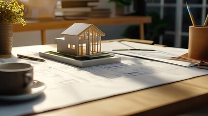 A modern architectural model on a workspace, showcasing design plans and a warm ambiance for creative inspiration.
