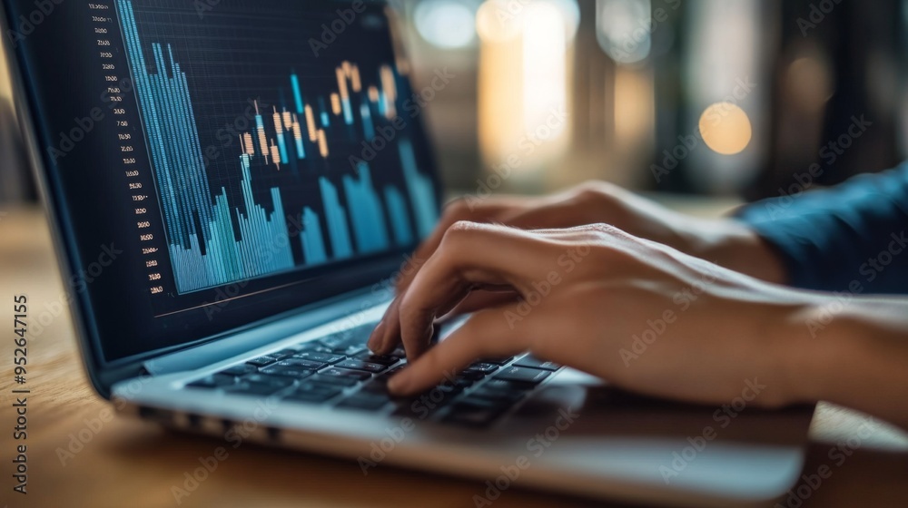 Fototapete close-up of a person typing financial data into a spreadsheet on a laptop, with graphs and financial