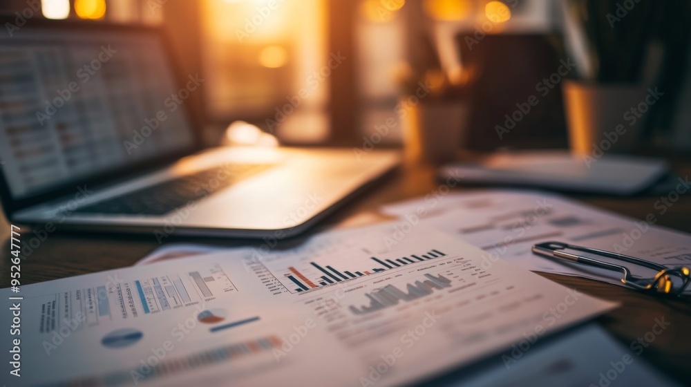 Poster Close-up of a printed gold price graph with highlighted data points and trend lines, set on a desk with financial documents and a laptop