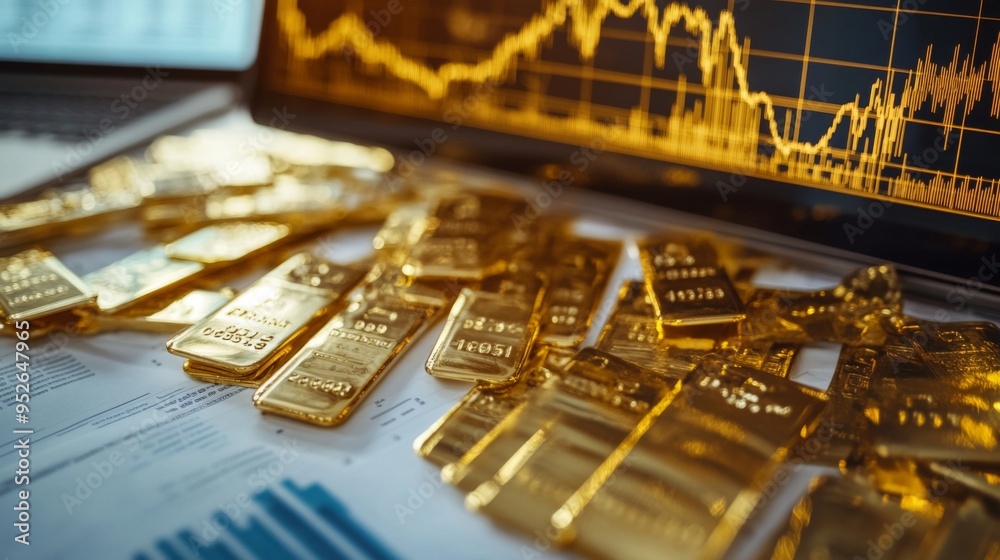 Poster Close-up of a printed gold price graph with highlighted data points and trend lines, set on a desk with financial documents and a laptop