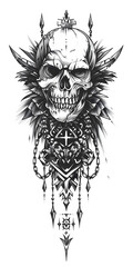 Tribal Skull and Chain tattoo flash styles illustration