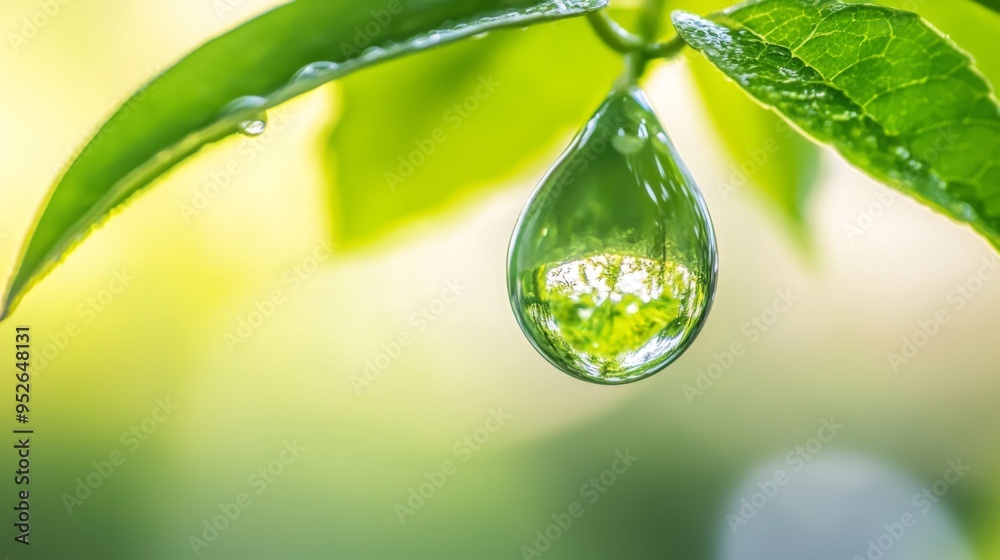 Aufkleber close-up of a single water droplet hanging from a green leaf, with the droplet reflecting the surrou