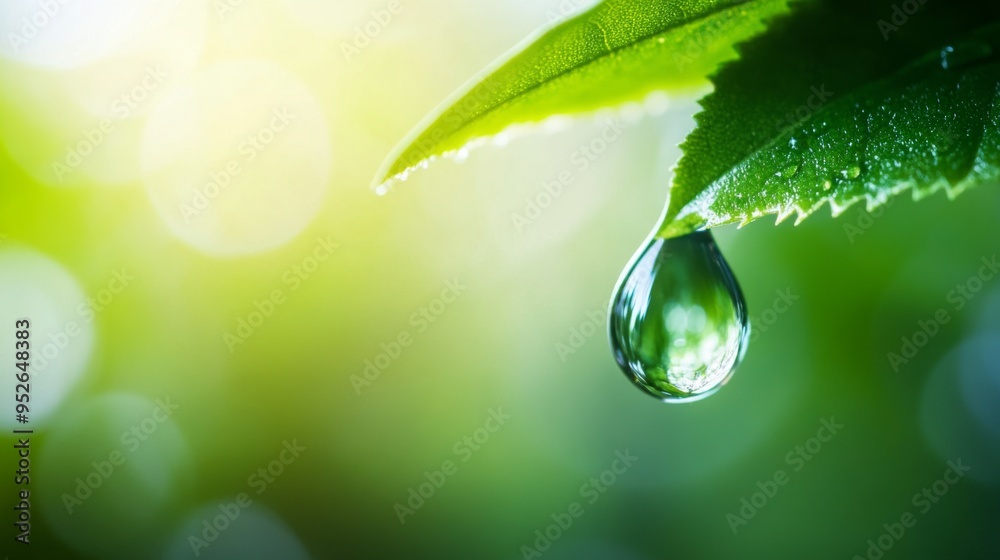 Aufkleber close-up of a single water droplet hanging from a green leaf, with the droplet reflecting the surrou