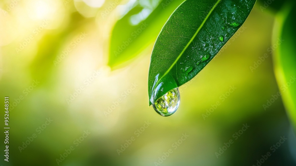 Aufkleber close-up of a single water droplet hanging from a green leaf, with the droplet reflecting the surrou