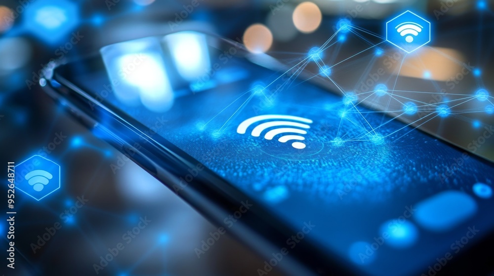 Poster close-up of a smartphone displaying a signal strength icon, with wireless connectivity symbols in th