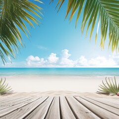 postcard, wooden road to the ocean, palm trees