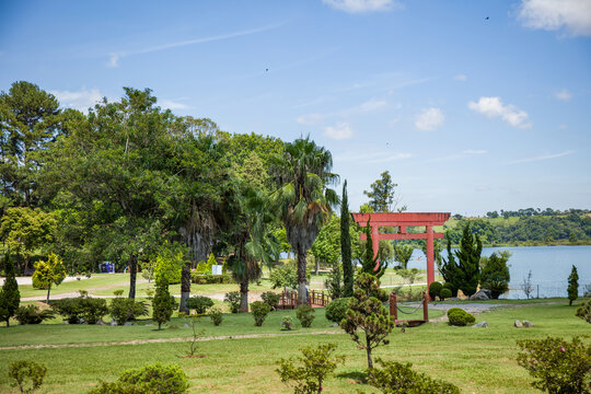 Traditional japanese garden and lake in Jundiai, Sao Paulo, Brazil