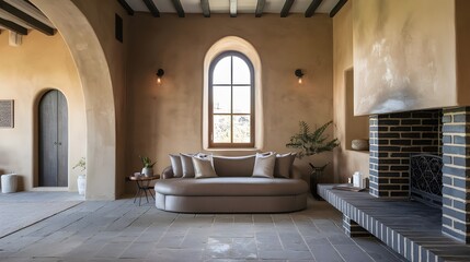 A modern Mediterranean living room with a sofa placed near a fireplace. An arch window and a high ceiling. The walls are painted in a warm beige hue. The floor is made of large, grey stones. 