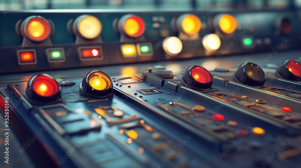 Poster Close-up of a traffic light control panel with multiple signals, buttons, and switches, set in a control room or traffic management center.