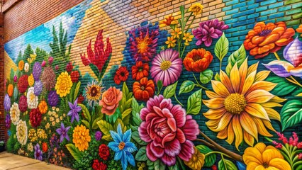 Fototapeta premium A vibrant mural of colorful flowers and leaves adorns a brick wall, blending urban texture with natural beauty in a striking contrast of art and architecture.