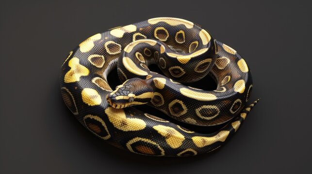 A snake with a yellow and black pattern is curled up on a black surface