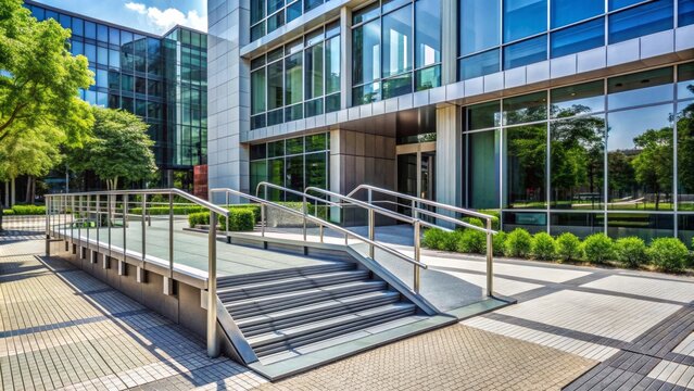 A wheelchair ramp leads up to the entrance of a modern office building, symbolizing accessibility and equal opportunities in the workplace environment.