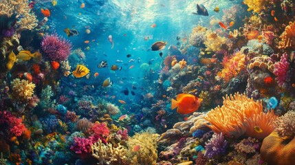 Fototapeta premium Close-up of a vibrant coral reef teeming with colorful fish, sea anemones, and other marine creatures, showcasing the rich diversity of underwater life.