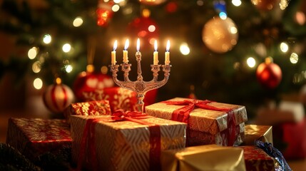 Hanukkah gifts under a Menorah, beautifully wrapped in festive colors, a warm and inviting atmosphere