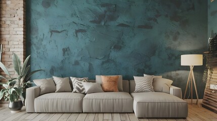 A modern living room with a grunge teal stucco wall and a sofa. The room has a loft interior design. The sofa is placed near the wall. There is a copy space for text.