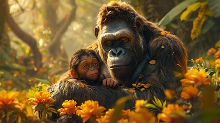 Obraz premium A mother gorilla cradles her baby in a lush jungle setting, surrounded by vibrant yellow flowers.