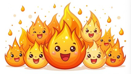 Adorable cartoon flames with smiling faces and playful sparks, surrounded by bright oranges and yellows, exuding warmth and friendliness on a white background.