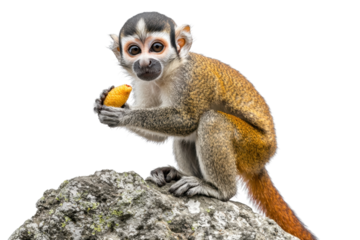 A squirrel monkey holding a fruit, sitting on a rock. Adorable wildlife in its natural habitat cut out transparent isolated PNG