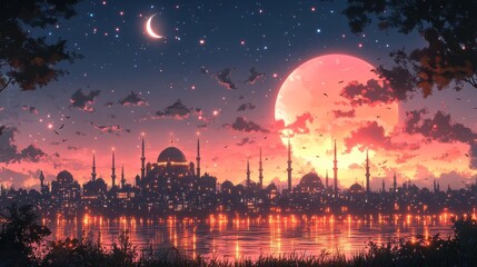 As twilight descends the city skyline glows with intricate silhouettes of minarets under a radiant moon and swirling clouds reflecting off tranquil waters