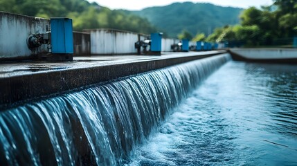 Closeup view of a hydroelectric power station with water flowing into a reservoir surrounded by natural scenery  This image showcases the clean renewable energy process of a hydroelectric facility