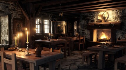 Cozy medieval tavern with wooden tables and a roaring fireplace Candle-light setting Warm with rich wood tones soft flickering light realistic 3D rendering