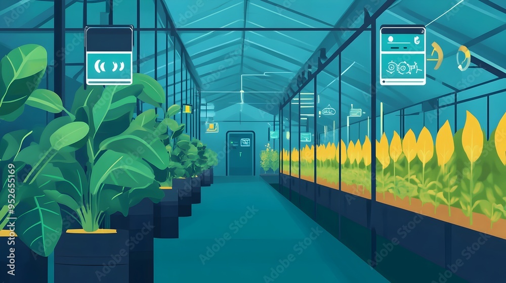 Poster innovative graphic depicting iot powered smart greenhouses equipped with automated sensors for preci