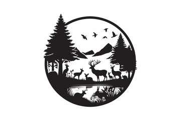 A silhouette of various wildlife animals a deer