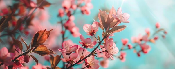 Close-up of beautiful cherry blossoms in full bloom with soft pink petals against a dreamy turquoise sky background, evoking serenity and spring.