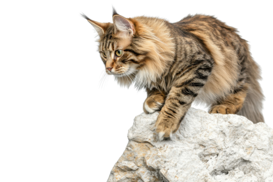 Majestic Maine Coon cat with long fur and striking eyes stands poised on a rock, ready to pounce. Isolated on white background.