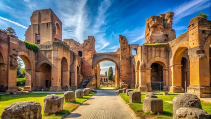 Naklejka premium Ancient Roman architectural ruins of Caracalla's Thermal Baths in Rome, Italy, featuring ornate stone columns, arches, and worn stone pavement under a clear blue sky.