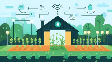 Fototapeta premium Detailed graphic of IoT sensors and technology monitoring crop growth stages and data analytics on a smart digital farm