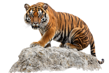 Majestic tiger sitting on a rock, displaying its beautiful orange and black striped coat in a natural setting.