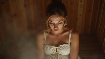 Fototapeta premium Maternity Photo of a Pregnant Woman Relaxing in a Steamy Wooden Sauna