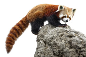 Red panda climbing on a rock, showcasing its vibrant fur and bushy tail in a natural habitat setting.
