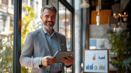 Confident Businessman with Tablet: A successful businessman, radiating confidence, stands in a modern office setting, holding a tablet. He's a picture of professionalism and success, ready to take on 
