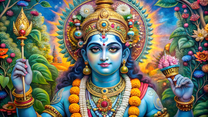 Exquisite Portrait of Lord Krishna Playing Flute