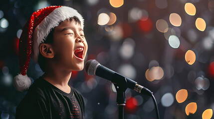 Young boy in a santa hat singing into a microphone with festive christmas lights in the background