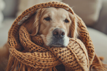 a dog wrapped up in a blanket on a couch