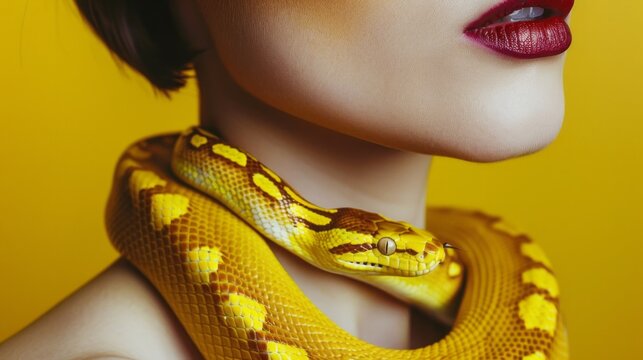 A woman wearing a yellow and brown snake around her neck