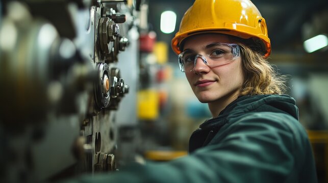 Industrial Strength: A confident female engineer in safety gear stands beside a complex industrial machine, her eyes reflecting determination and focus. This image embodies the power, precision, and e