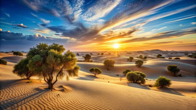 Breathtaking Tunisian desert landscape featuring endless dunes, sparse acacia trees, and a vibrant blue sky at sunset, evoking a sense of serenity and adventure.