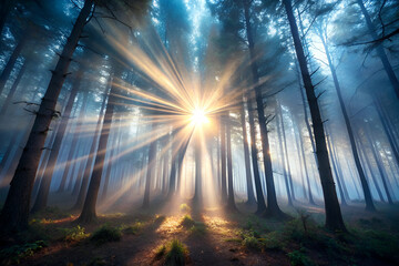 Obraz premium A forest with a sun shining through the trees