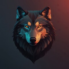 Minimalist wolf face logo, forward-facing, monochrome lines, vibrant gradient background