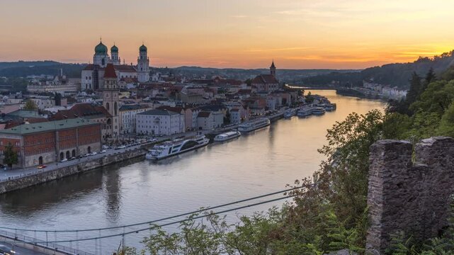 Passau city Germany skyline aerial view from day to night, passau castle old town and river.