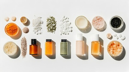 Assortment of Natural Body Scrubs and Exfoliating Products on Minimalist White Background