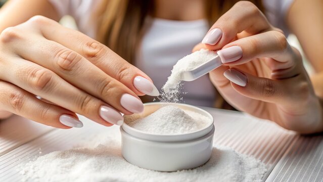Close-up of a nail technician's hand pouring white powder from a small container onto a client's nail during a salon beauty treatment procedure.