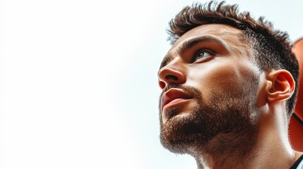 Focused Determination: A close-up portrait of a determined basketball player, his gaze fixed on the hoop, exudes intensity and anticipation. The image captures the raw energy and focus of a dedicated 