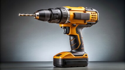 Close-up of a rugged, high-torque industrial handheld drill with textured grip and cordless battery, isolated on a clean, light-gray background.
