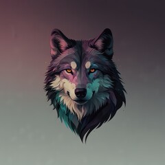 Minimalist wolf face logo, forward-facing, monochrome lines, vibrant gradient background